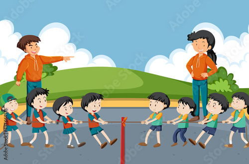 Children playing tug of war game