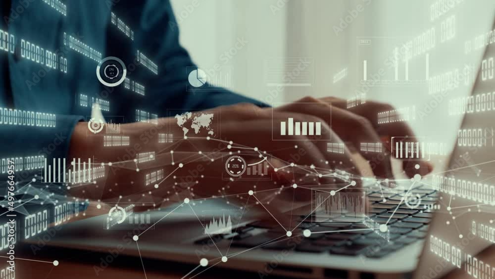 Businessman uses capable laptop computer to analyse business data analytic for marketing strategy and customer relationship management