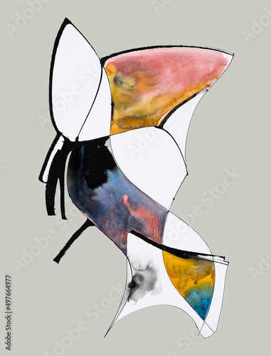 An abstract calligraphic cola pen painting; indian ink and watercolor.