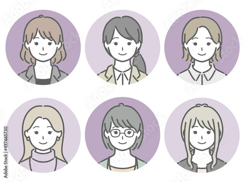若い女性の丸アイコンセット（仕事向きの服装）