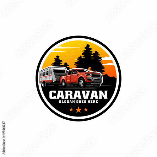 Canvas Print truck with caravan trailer logo vector