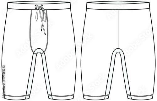 Men Compression Shorts Running Tights Man Bulge Pouch Tight Shorts Workout Gym Yoga Fitness Sports Wear Running Male Shorts Flat Sketch Vector Illustration. Front and Back Template. CAD mockup.