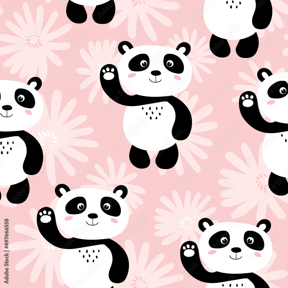 Obraz premium Seamless pattern with cute panda baby on color background. Funny asian animals. Card, postcards for kids. Flat vector illustration for fabric, textile, wallpaper, poster, gift wrapping paper.