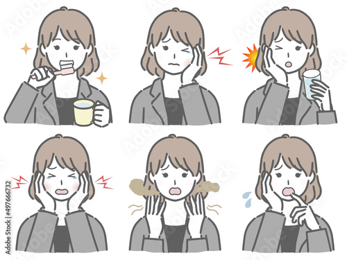 口の中に異常があるスーツの若い女性