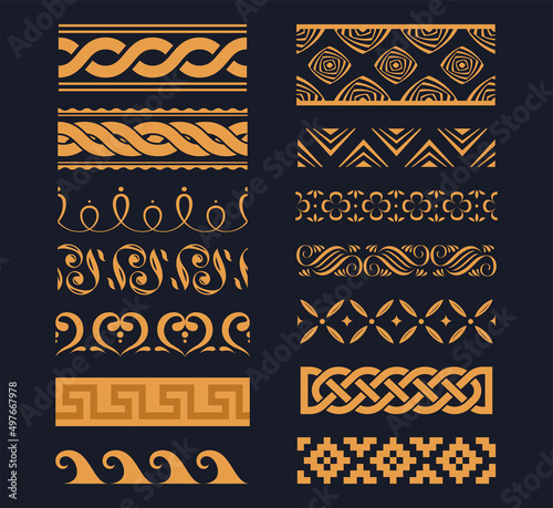Set of decorative seamless ornament. Golden traditional floral frame. Vector illustration on a white background