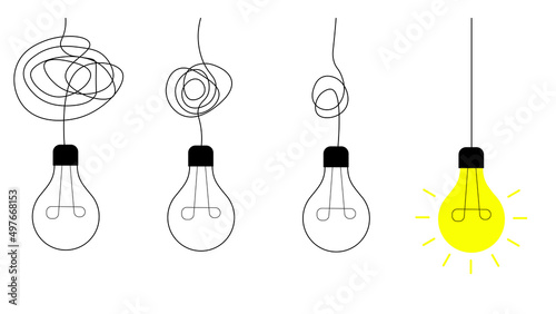 From complex to simple. Simplification streamlining process, complex confusion, clarity idea solution with light bulbs photo