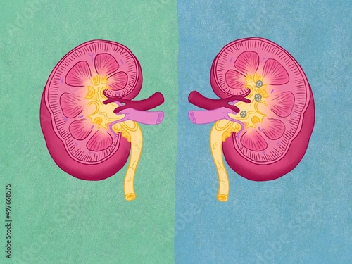 Kidney cross-section showing kidney stones photo