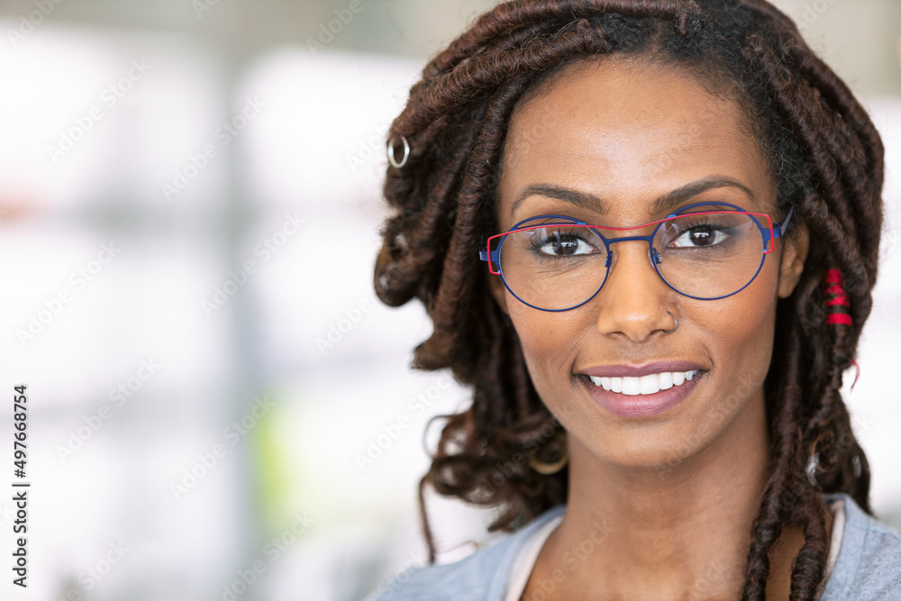 Eyewear: Smiling Woman Looks Great In New Eyeglasses Eyewear: Smiling Woman Looks Great In New Eyeglasses