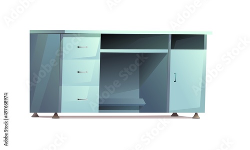 Office desktop. Front view. Furniture in modern minimalist design. With drawers for papers and tools, niches and door. Cartoon style. Object isolated on white background. Vector