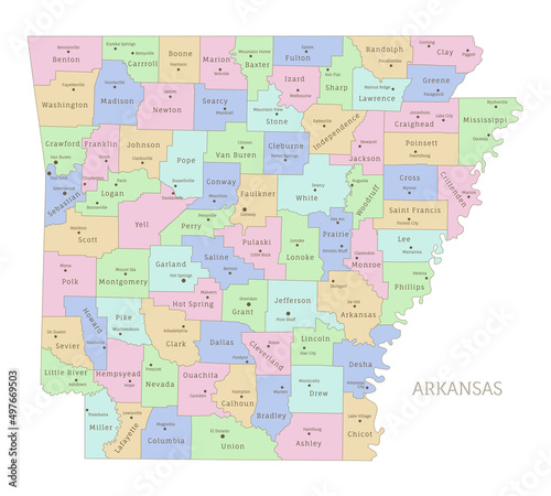 Arkansas US state administrative editable map in colors. Highly detailed map of American federal state with territory borders and names of departments realistic vector illustration
