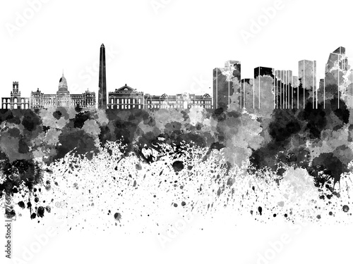 Buenos Aires skyline in black watercolor on white background