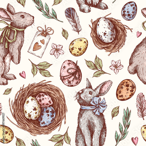 Easter seamless pattern in engraving style. Rabbits, Easter eggs spotted, nest with eggs, tag, leaves, feathers. Vintage vector hand drawn. Texture for fabric, wrapping paper, textile, background