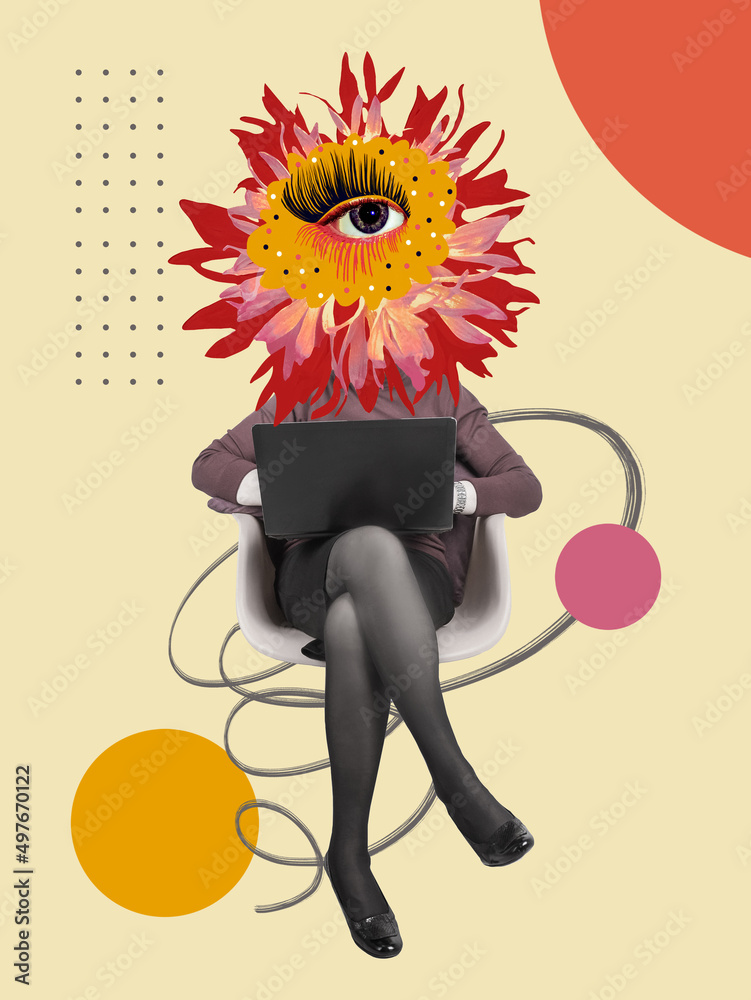 Contemporary art design. Eyeball in flower. Modern conceptual art poster with beautiful eye in surrealism style. Buisness woman sitting with laptop on color abstract background.