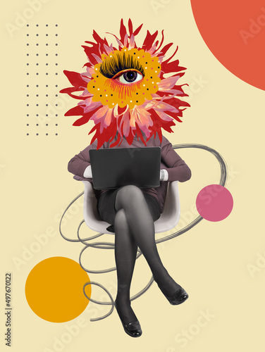 Obraz na płótnie Contemporary art design. Eyeball in flower. Modern conceptual art poster with beautiful eye in surrealism style. Buisness woman sitting with laptop on color abstract background. w salonie
