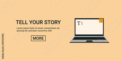 Writing web banner with laptop. Flat vector content creation concept. Minimalistic landing for writer or copywriter.