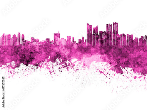 Busan skyline in pink watercolor on white background