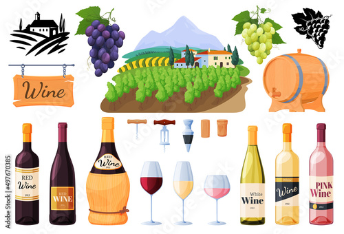 Winery and elements of wine production. Bottles of different types of wine. Vector illustration on a white background