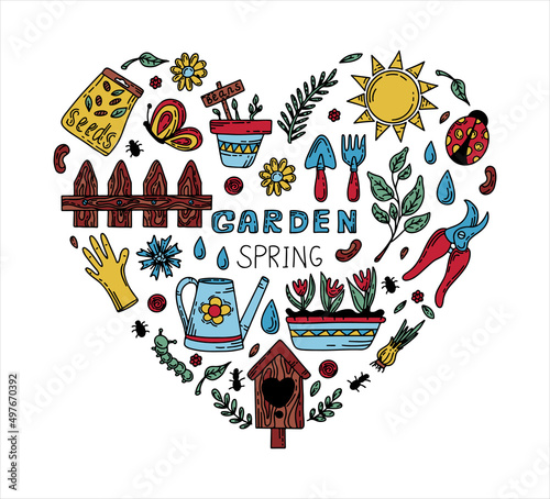 Vector gardening doodle set. Cartoon hand drawn isolated design horticulture elements. Spring set for gardening and floriculture. Sketch of a nerd hobby icon