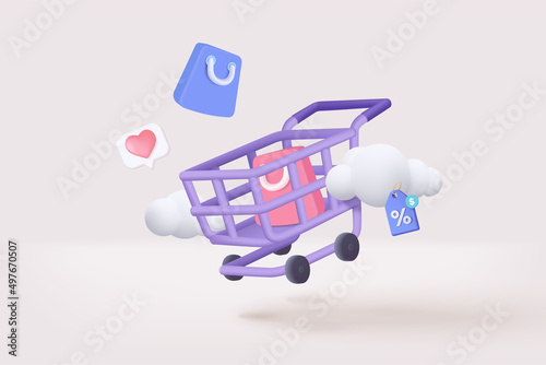 Fotobehang 3D shopping cart with cloud for online shopping and digital marketing ideas