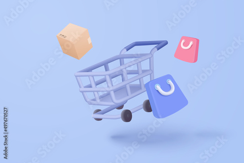 Photo 3D shopping cart with price tags for online shopping and digital marketing ideas