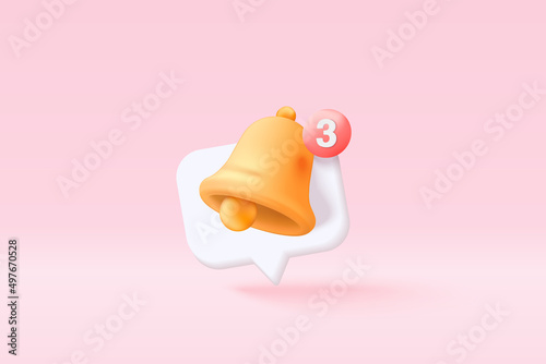 3D minimal notification bell icon with color objects floating around on pastel background. new alert concept for social media element. 3d bell alarm vector render isolated on pastel background photo
