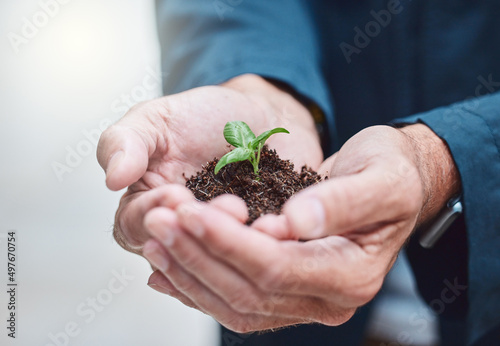 I used to be a seed and look at me now. Shot of an unrecognisable businessman holding a plant growing out of soil.