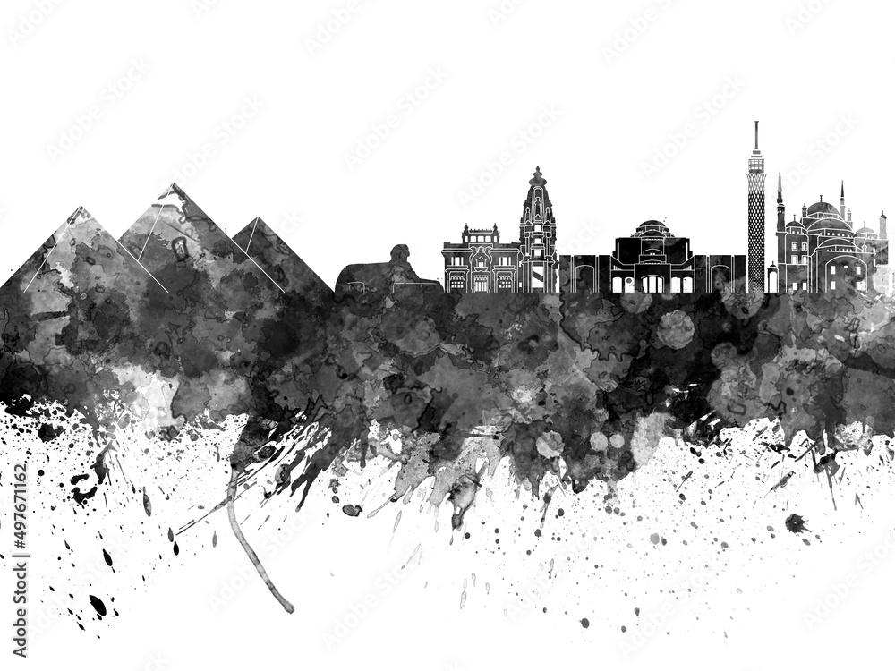 Cairo skyline in black watercolor