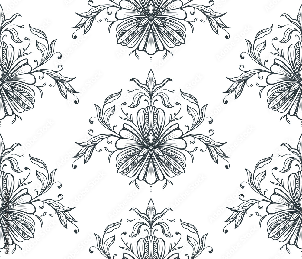 Fototapeta premium Beautiful vector seamless pattern with hand drawn floral elements, flowers and leaves.