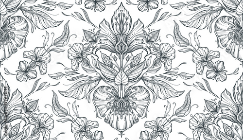 Beautiful vector seamless pattern with hand drawn floral elements, flowers and leaves. © natality