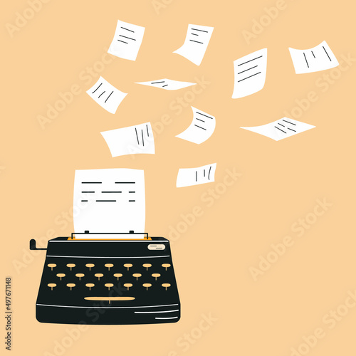 Concept of writing a book. Typewriter with flying sheets of paper. Flat vector illustration about creative process of the writer.