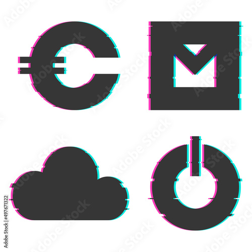 Set of four graphic elements. Spectacular icons with glitch effect. Different vector objects for web design, applications, graphic interface. Messages, cloud, currency, shutdown.