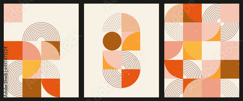 A set of three colorful aesthetic geometric backgrounds. Minimalist social media posters, cover designs, web, home decor. Vintage illustrations with arches, shapes, curves, lines, rectangles.