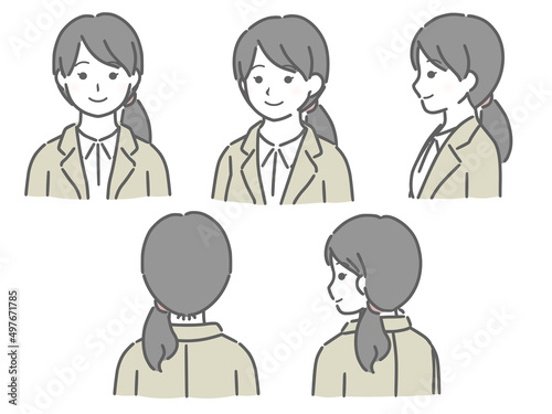 色々な向きのスーツの若い女性