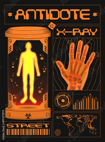 Retro Futuristic poster with text "Antidote" cryogenic chamber. In the Techno style, a trendy print for a T-shirt, hoodie and sweatshirt. isolated on black background