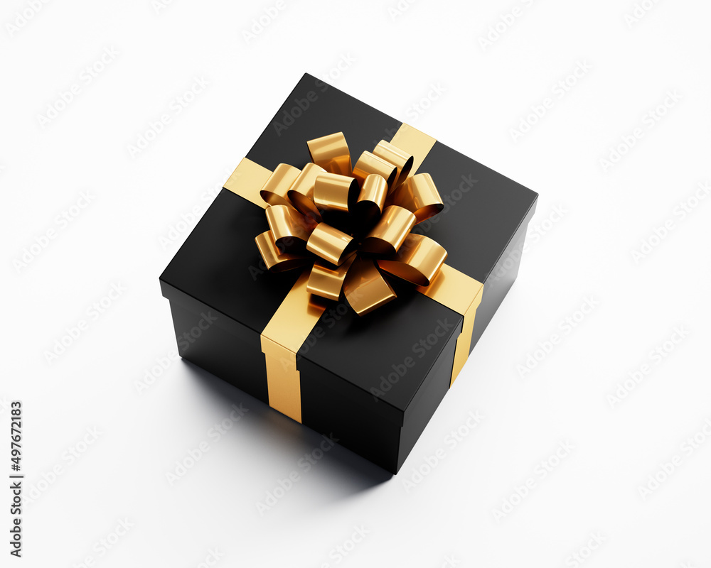 Black gift box with golden ribbon isolated on white background - 3D illustration	
