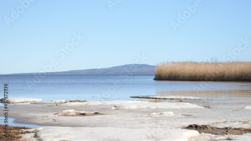 Ice and reed in front of Kinnekulle – a flat-topped mountain in the county of Västergötland, Sweden, on the eastern shore of lake Vänern. photo