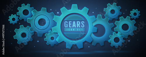 Group of glass blue neon gears on dark background.  Cog icon design. Vector illustration