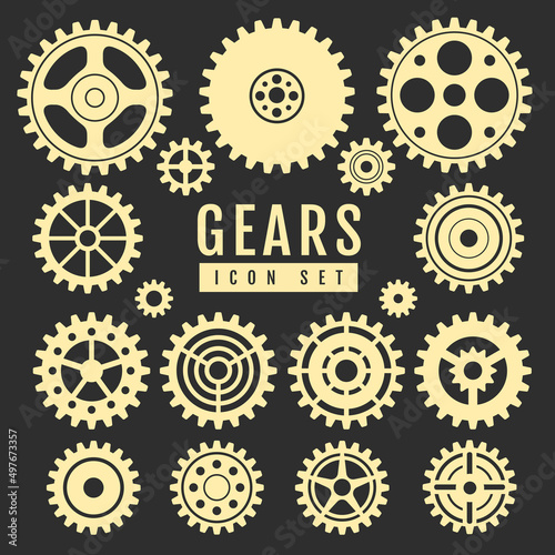 Group of gears isolated on black background.  Cog icon design. Vector illustration