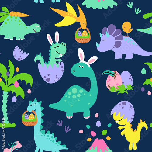 Fototapeta Naklejka Na Ścianę i Meble -  Dino Easter egg hunt party - Funny cartoon dinosaurs, bones, and eggs. Cute t rex,  characters. Hand drawn vector doodle set for kids. Good for textiles, nursery, wallpapers, wrapping paper, clothes.