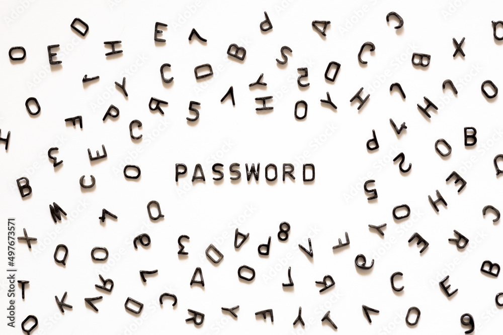 the word password on a white background from black english letters, the concept of think up or forget a password