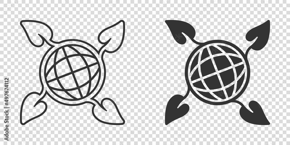 Fototapeta premium Planet and leaf icon in flat style. World and eco vector illustration on white isolated background. Globe and organic business concept.