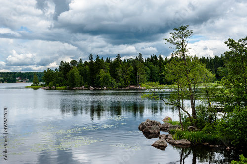 Summer landscape in park Monrepo near town Vyborg in Russia