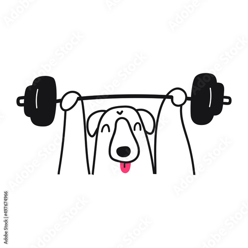 Dog lift dumbbells. Outline vector illustration on white background.