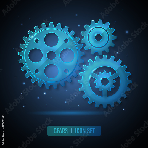 Group of glass blue neon gears on dark background.  Cog icon design. Vector illustration