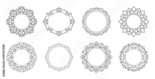 Set of decorative frames Elegant vector element for design in Eastern style, place for text. Floral gray and white borders. Lace illustration for invitations and greeting cards