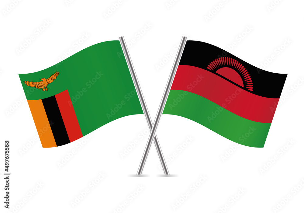 Zambia and Malawi crossed flags. Zambian and Malawian flags are