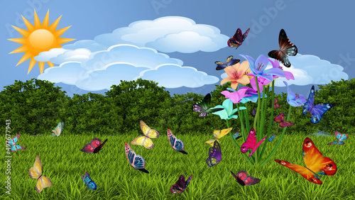 Illustrazione 3D. Primavera, estate. Fiori e farfalle su prato verde . Campo di erba con fiori colorati e farfalle, sullo sfondo cielo con nuvole e sole.