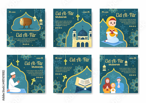 Happy Eid Al-Fitr Mubarak Post Template Flat Design Illustration Editable of Square Background for Social Media, Poster or Greeting Card