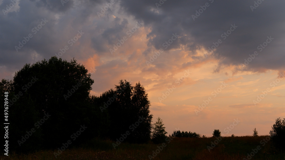 Rural landscape with field at sunset and village in the background. Vologda region