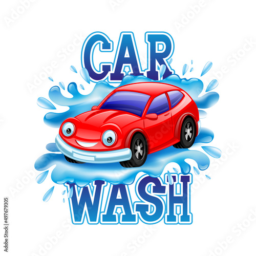 Car wash sign with red car and water splash on white background.
